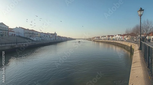 Wallpaper Mural Calm river flows through European town at sunrise, birds soar overhead Torontodigital.ca