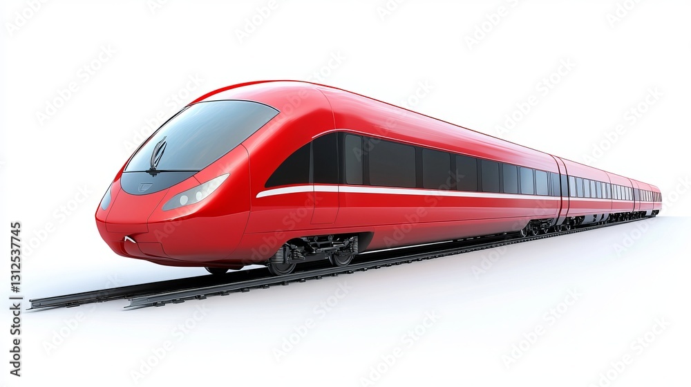 Naklejka premium A creative abstract concept of railway transportation and tourism, featuring a red high-speed passenger train isolated on a white background.