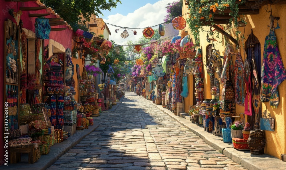 Fototapeta premium Colorful market street lined with crafts and vibrant decorations.