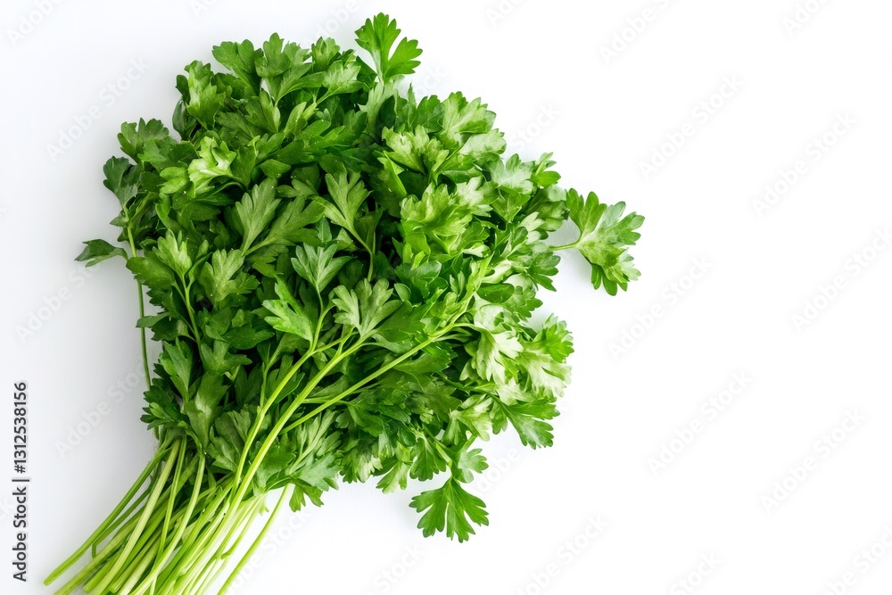 Fresh parsley sprigs, vibrant and green, create a burst of color against a clean white backdrop Fresh parsley sprigs, vibrant and green, create a burst of color against a clean white backdrop