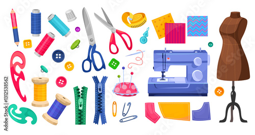 Creative sewing tools and craft supplies layout for fashion design and DIY projects. Cartoon vector illustration fashion elements icon set: sewing machine, scissors, buttons, and colorful threads