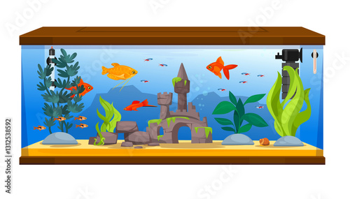 Colorful vector illustration of aquarium with fishes and aquatic plants for decorative, educational materials, children's books, digital projects related to marine life.
