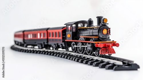 Wallpaper Mural A toy railroad set with battery-powered steam locomotives and a railway track, isolated in a close-up view on a white background. Torontodigital.ca