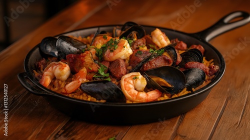 Delicious seafood paella dish with mussels and shrimp in a black pan. photo