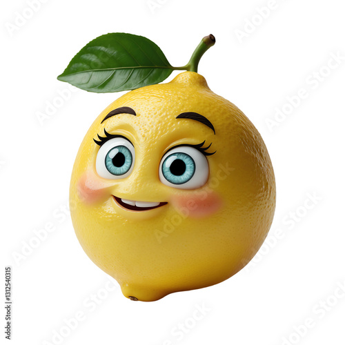 Animated Lemon with a Grin and Big Eyes, Isolated on Transparent Background.