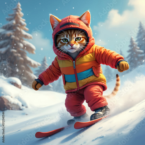 Digital artwork cat skiing downhill in vibrant jacket. Serious expression, snowy surroundings enhance adventure in winter landscape. Playful feline character in cartoon winter scene. Fun outdoor