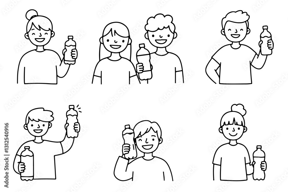 Icons made with high quality lines, symbolizing individuals drinking water. Icons made with high quality lines, symbolizing individuals drinking water.