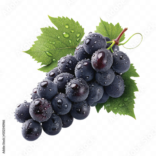 abstract 3d fresh organic  grapes cluster with water droplets and green leaf isolated on pure white background 