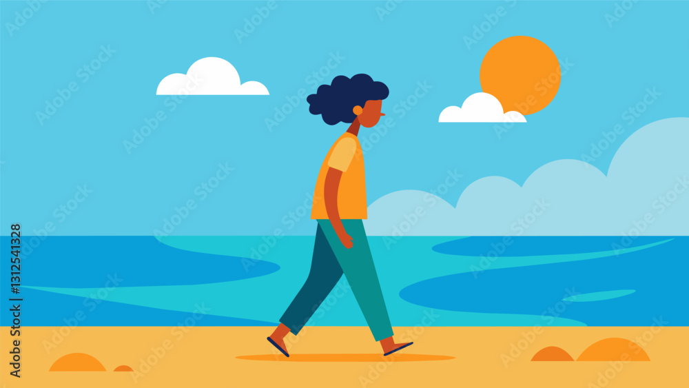 While walking along the shore a person stops and closes their eyes inhaling through their nose and exhaling through their mouth relishing in the feeling of the warm sun and ocean. Vector illustration While walking along the shore a person stops and closes their eyes inhaling through their nose and exhaling through their mouth relishing in the feeling of the warm sun and ocean. Vector illustration