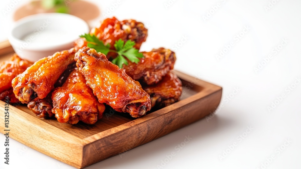 Buffalo wings on a wooden serving tray, rustic charm, highly detailed, isolated on white background Buffalo wings on a wooden serving tray, rustic charm, highly detailed, isolated on white background