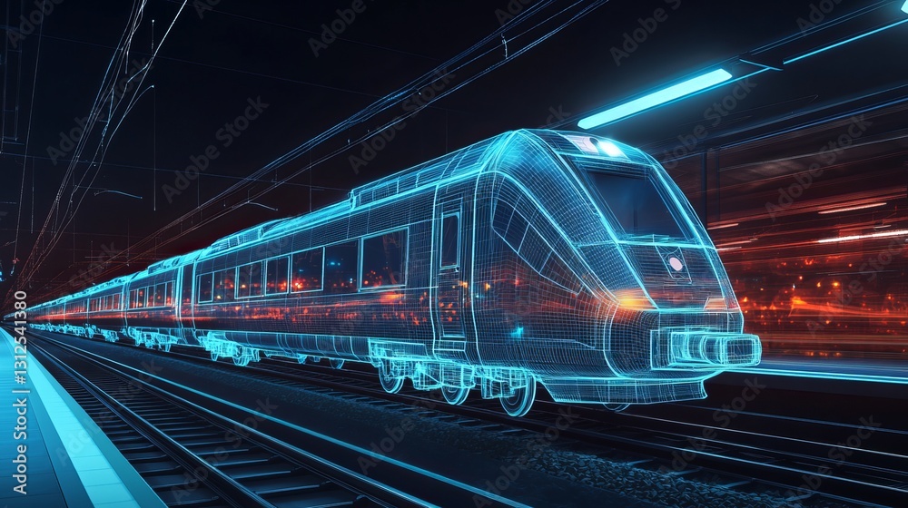 An abstract low-poly 3D wireframe representation of a modern train at a railway station or metro, illustrating a rapid transit system and railway logistics concept in vector format. An abstract low-poly 3D wireframe representation of a modern train at a railway station or metro, illustrating a rapid transit system and railway logistics concept in vector format.