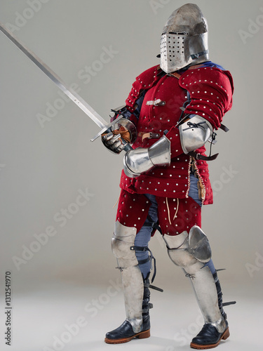 Bild auf Leinwand Medieval Knight in Full Armor Holding Sword in Studio Setting..