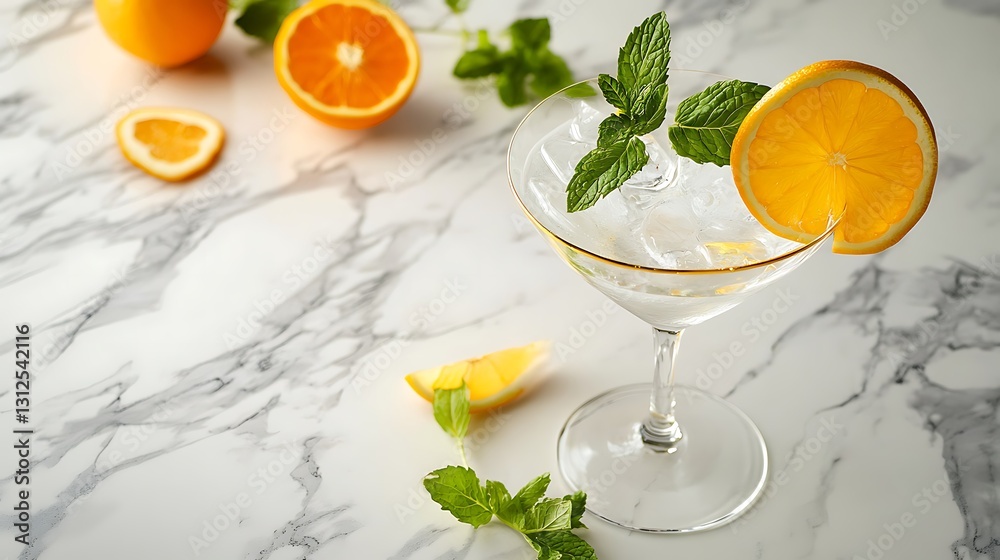 A refreshing beverage featuring oranges mint and ice in a glass A refreshing beverage featuring oranges mint and ice in a glass