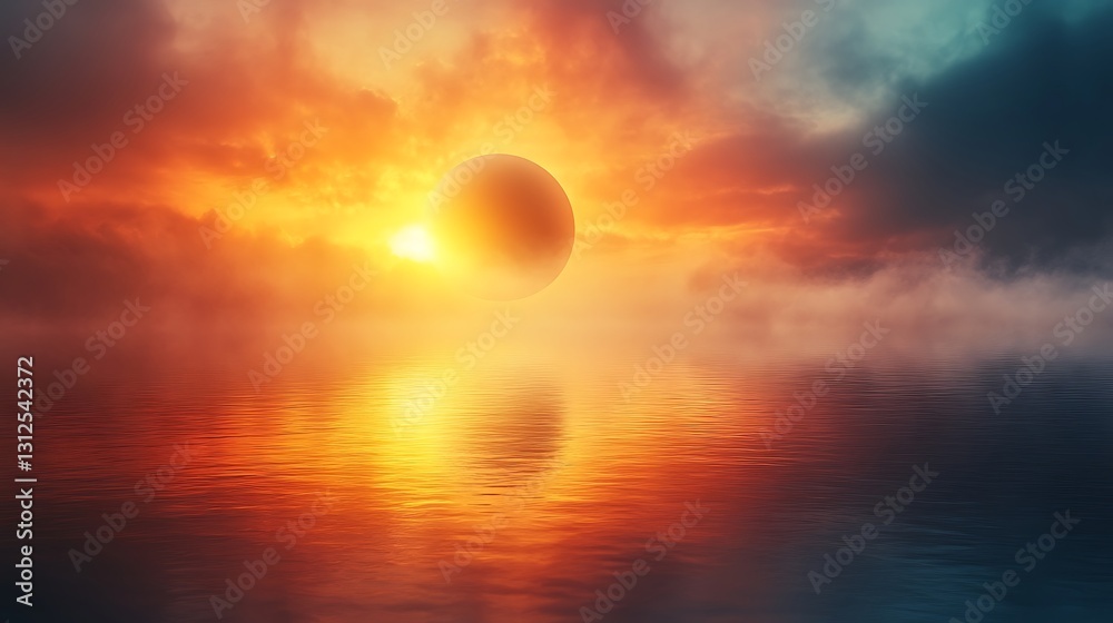 A radiant orb floats over tranquil water reflecting ethereal light A radiant orb floats over tranquil water reflecting ethereal light