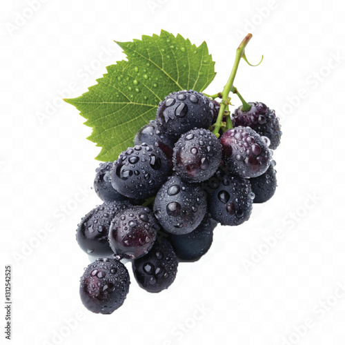 abstract 3d fresh organic  grapes cluster with water droplets and green leaf isolated on pure white background 