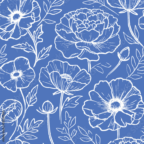 Blue Botanical Background Floral Print Design in Vector