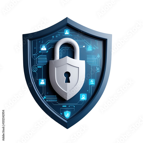 Blue Shield with Lock and Digital Security Icons, Isolated on Transparent Background.