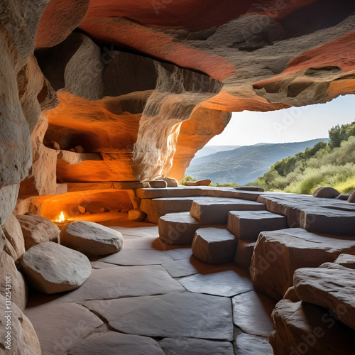 scavo dentro ad una grotta naturale con vista sulle varie stratificazioni antiche e naturali del terreno roccioso dai vari colori di rosso, arancione, marrone e grigio