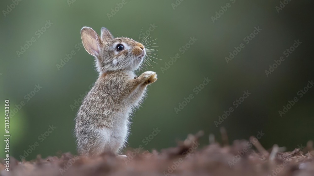 Fototapeta premium Brown Bunny Rabbit Standing on Dirt, Vibrant Green Background