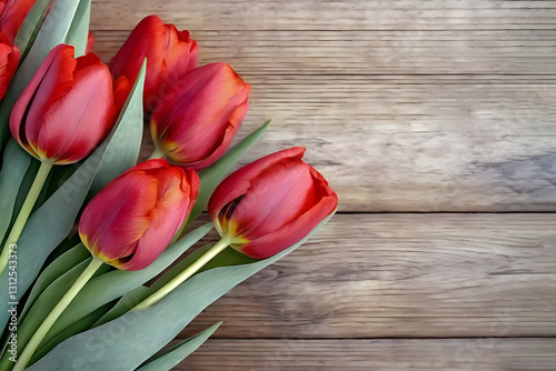 Mothers Day card. Red tulips on wooden background, copy space.