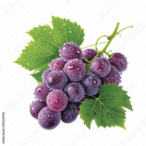 abstract 3d fresh organic  grapes cluster with water droplets and green leaf isolated on pure white background 