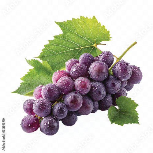 abstract 3d fresh organic  grapes cluster with water droplets and green leaf isolated on pure white background 