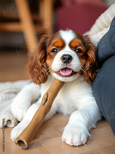 Cute smiling cavalier king charles spaniel ruby puppy takes a rest after playing with its wood stick toy