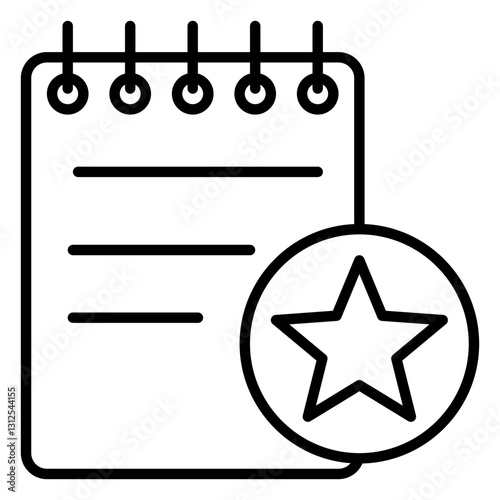 Minimalist outline icon of a notepad with a star symbol, representing important notes, priorities, favorites, or featured tasks. Ideal for UI/UX design, digital planners, and productivity-related proj