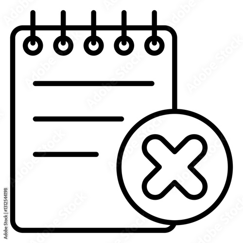 Minimalist outline icon of a notepad with a cross symbol, representing canceled tasks, deleted notes, or incorrect information. Ideal for UI/UX design, and productivity-related projects.
