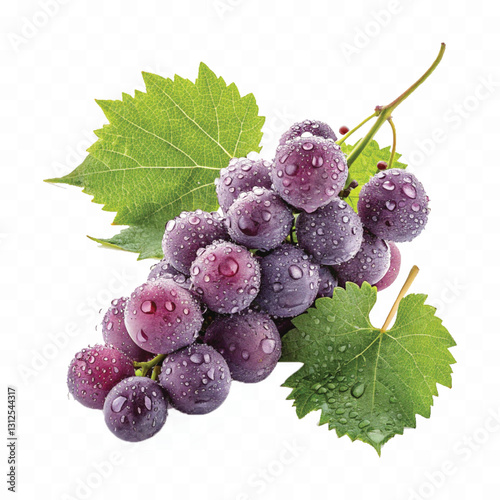 abstract 3d fresh organic  grapes cluster with water droplets and green leaf isolated on pure white background 