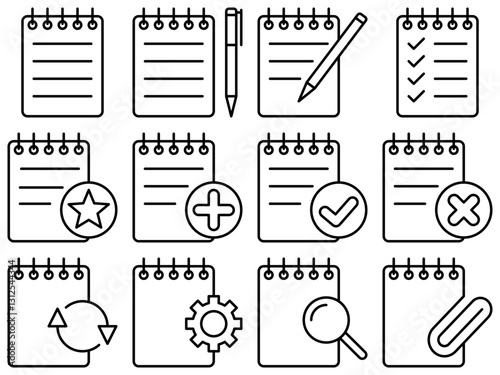 Minimalist outline icon set featuring various notepad designs, including checklists, starred notes, completed tasks, additions, removals, settings, updates, and searches. 