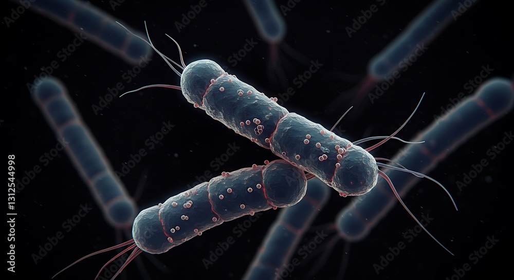 Obraz premium Analyzing Microscopic Rod-shaped Bacteria with Flagella on a Dark Background