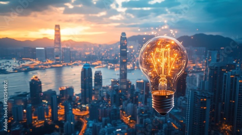 A glowing lightbulb representing innovation with a city background