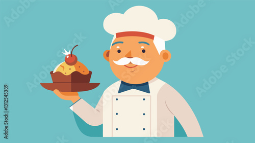 Our beloved senior chef wraps up the season with a sctious dessert a homemade peach cobbler served warm and with a scoop of vanilla ice cream.. Vector illustration