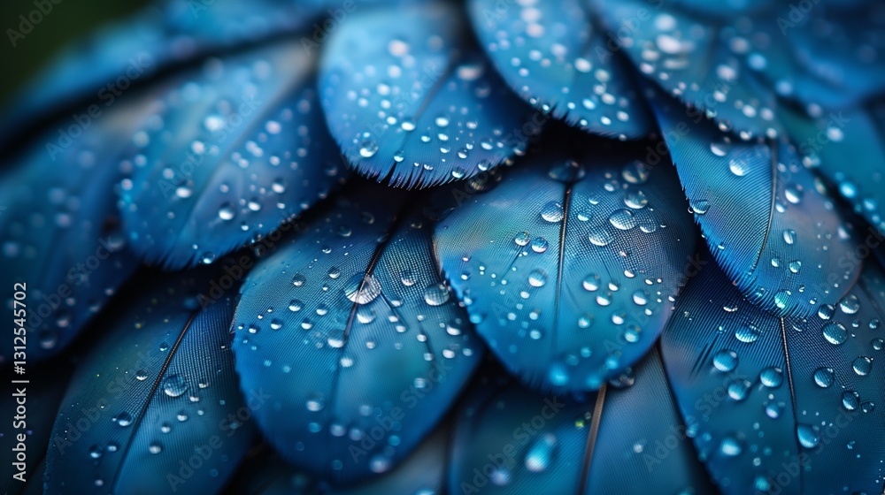 Obraz premium A stunning closeup of vibrant blue feathers adorned with dewdrops showcasing intricate textures and natural beauty in soft light