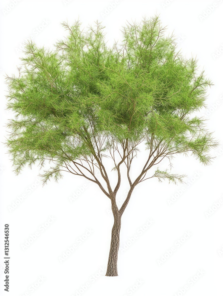 Fototapeta premium Young Tamarisk Tree with Thin Wispy Foliage Isolated on White Background