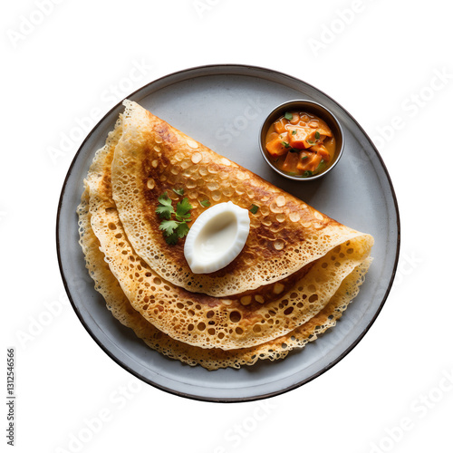 Delicious Indian Pancake Dosa with Spicy Sambar and Fresh Yogurt, Isolated on Transparent Background.