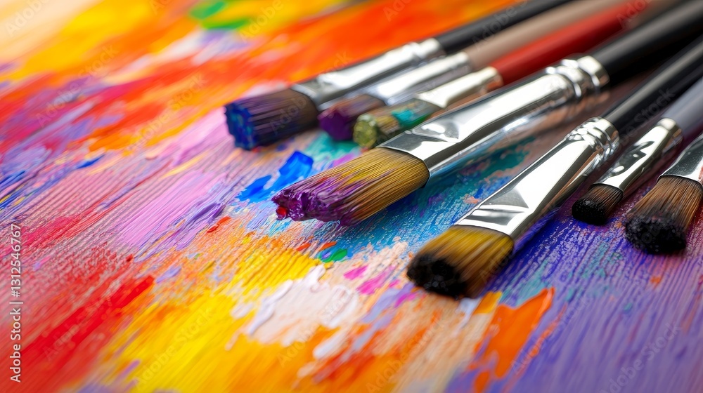 Fototapeta premium Colorful paint strokes with various paintbrushes arranged artistically on a vibrant canvas backdrop