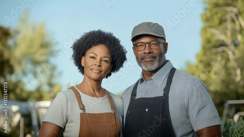Experienced African American farmers pose in their organic garden embracing sustainable agriculture practices