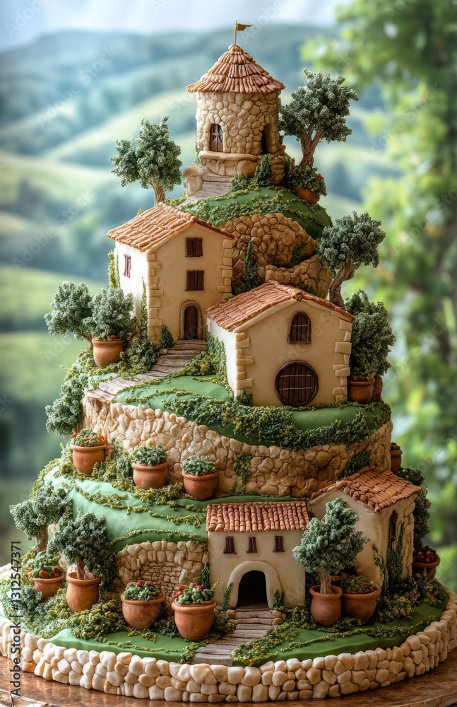 Obraz premium Three-tiered wedding cake with Italian countryside vineyard theme decor