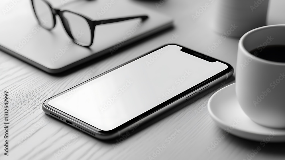 A desk workspace with smartphone glasses and a coffee cup A desk workspace with smartphone glasses and a coffee cup