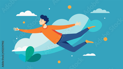 With each breath a person floats a little higher until they feel as though they are suspended in midair. The sensation of weightlessness induces a feeling of tranquility allowing. Vector illustration