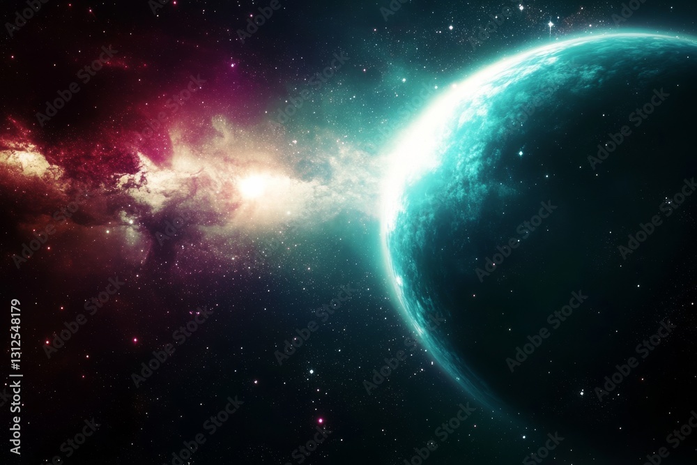 Naklejka premium Cosmic Nebula and Turquoise Planet Digital Art Composition, Space Scene, Celestial Body Space art, digital painting