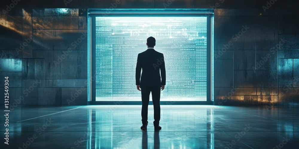 Business professional contemplating future in front of digital projection in modern office setting Business professional contemplating future in front of digital projection in modern office setting