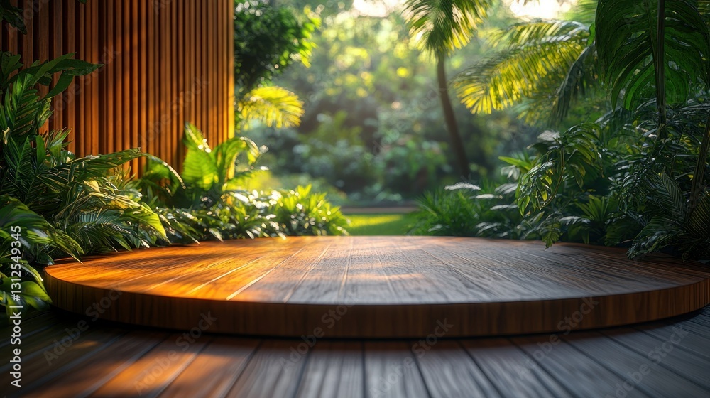 Fototapeta premium Wooden circular platform in a tropical garden setting