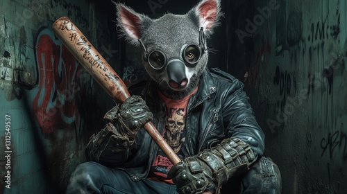 Stylish dangerous koala with baseball bat in the theme and style of cyberpunk and steampunk. A blend of nature and technology, concept. photo