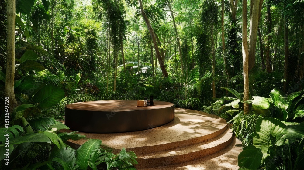 Circular Platform in Lush Jungle Dark Wood, Terrazzo Steps, Product Display, Tropical Foliage, Nature, Serenity Jungle Spa, Product Photography