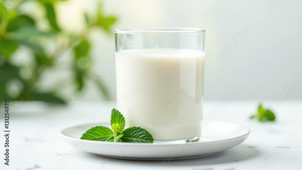 Fresh glass of white milk with a sprig of mint on the saucer.