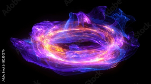 Abstract ring of swirling energy in blues, purples, and golds against black, suggesting power and creation. Ideal for tech, science, and metaphysical themes.