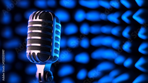 Vintage microphone against a vibrant blue background creating a dynamic sound atmosphere photo